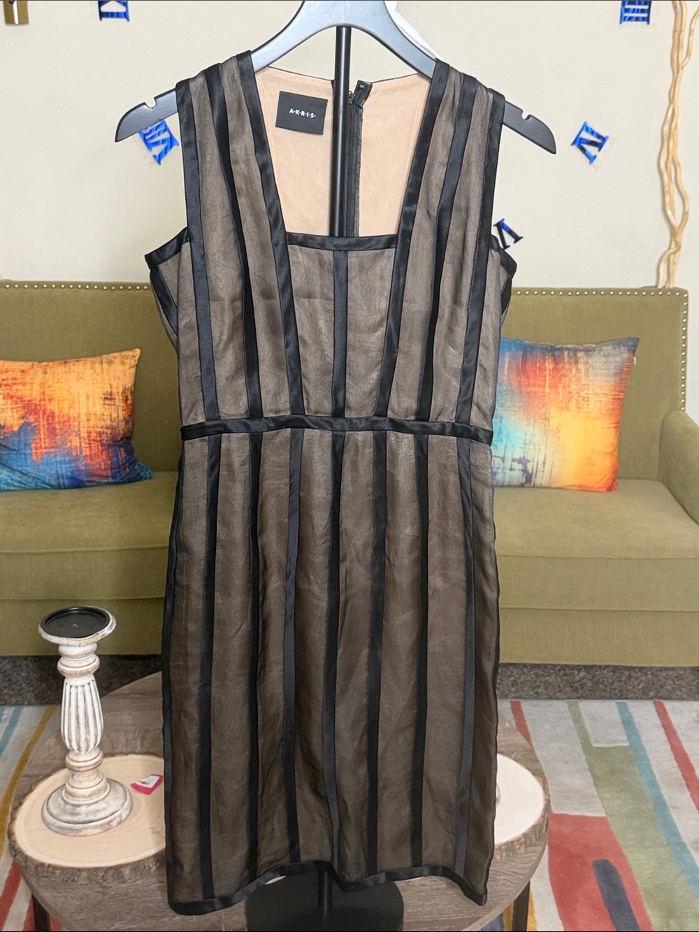 Sleeveless Black-Trim Sheer Stripe Dress